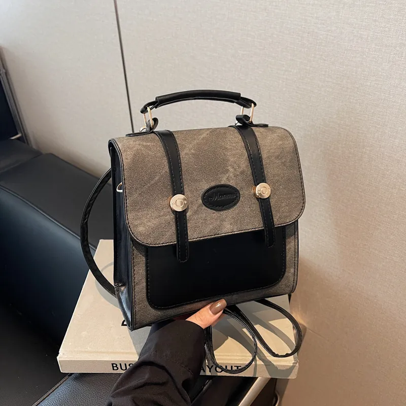 Women Minimalist Patchwork Fashion Backpack PU Leather Small Travel Schoolbag Flap Over Urban Casual Handbag Daily Bag