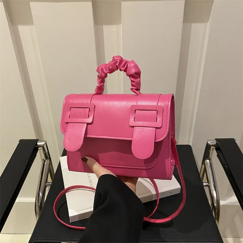 Minimalist PU Leather Women Shoulder Bag With Pleated Scrunchie Handle Double Square Buckle Flap Commuting Crossbody Bag