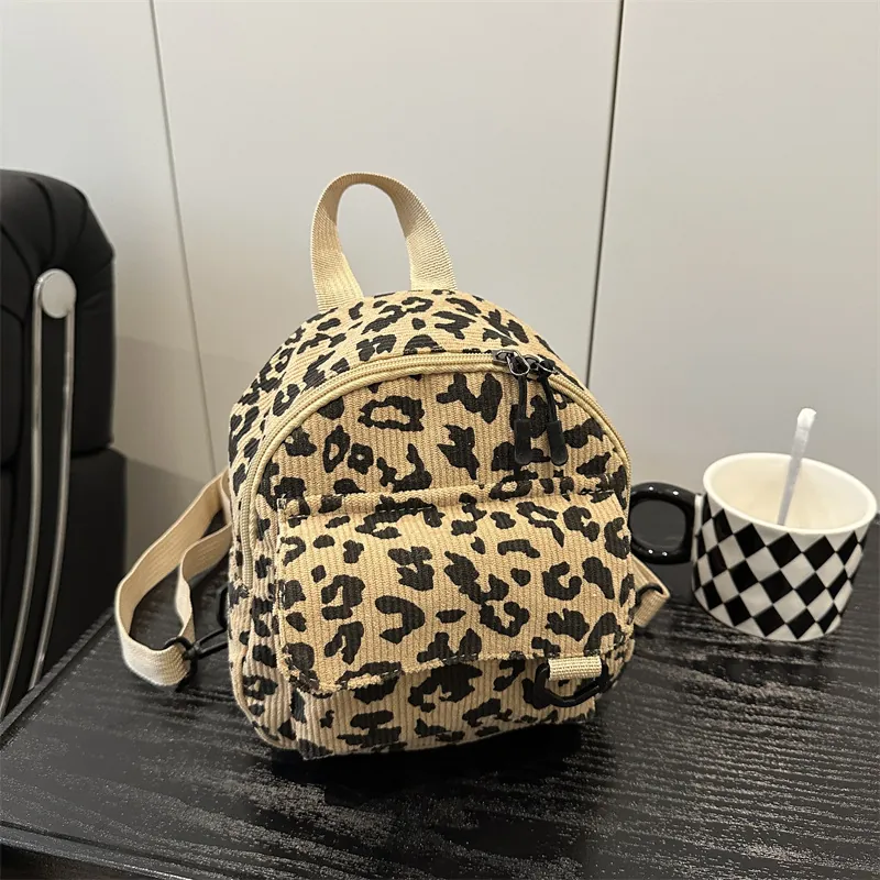 Leopard Print Mini Backpack for Women Vintage Nylon Travel Shoulder Bag Large Capacity Fashion Square Bag With Plush Pendant