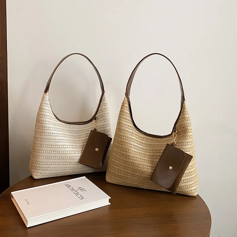 Women Summer Straw Woven Tote Bag With Pouch Casual Vacation Beach Shoulder Bag Large Capacity Bohemian Hobo Handbag