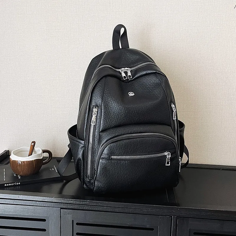 Women Fashion PU Leather Backpack Large Capacity Waterproof Lychee Texture Solid Color Casual Travel School Bag For Students