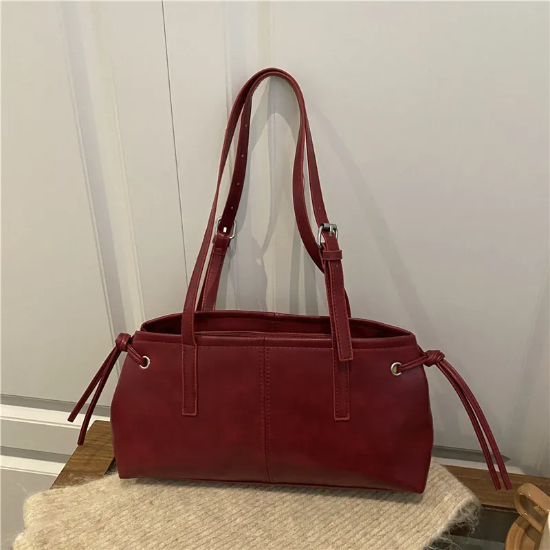 Vintage Women PU Leather Shoulder Bag Large Capacity Commuting Tote Bag With Side Drawstrings And Adjustable Straps