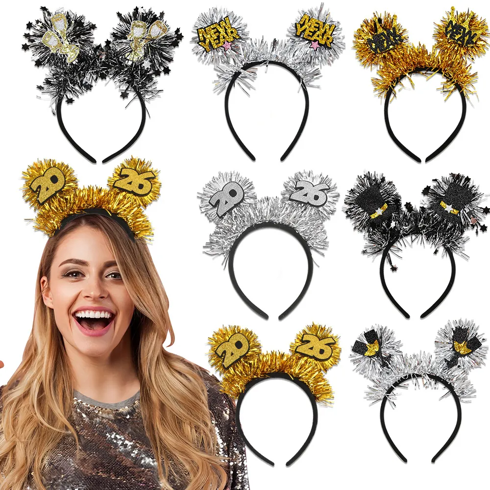 2026 New Year Party Headbands Glitter Tinsel Crown Star Champagne Glass Festive Props New Year Eve Party Decorations