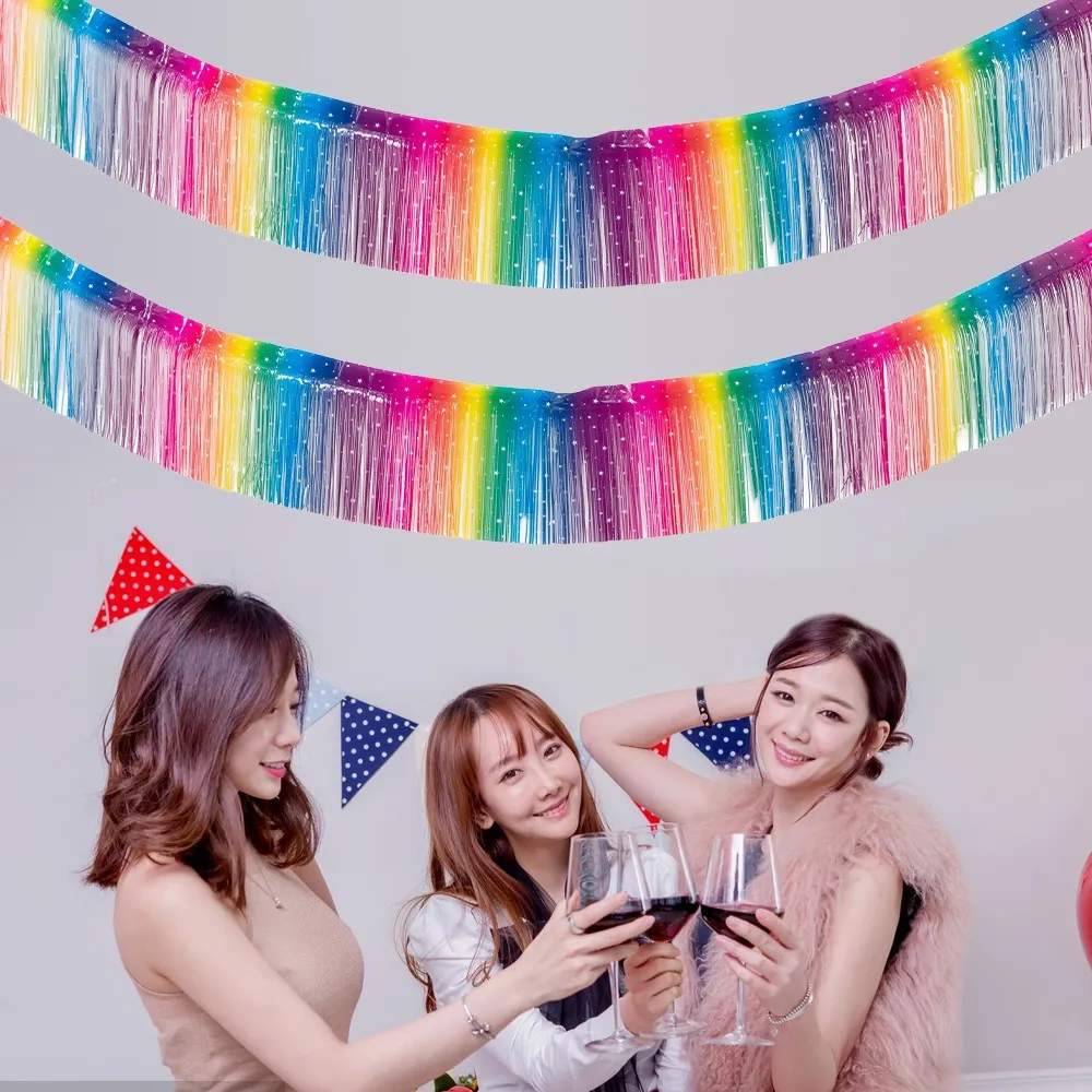 Rainbow Gradient Tinsel Fringe Banner Macaron Iridescent Party Backdrop Tinsel Curtain For Birthday Wedding Event Decoration
