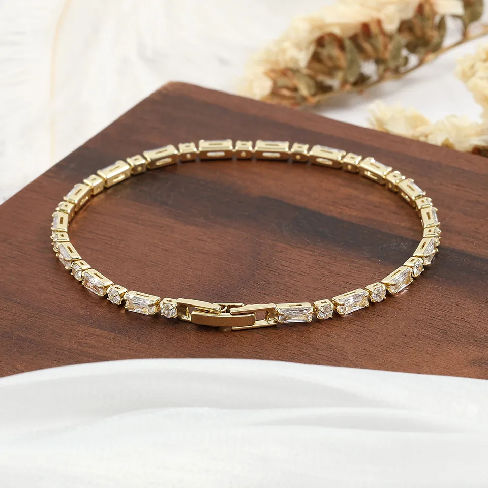 Elegant Tennis Bracelet With Pink Rectangular Zircon And Round White Zircon Copper Metal Sparkling Jewelry For Women