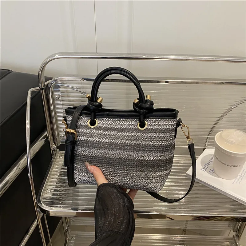 Women Striped Woven Handbag With Knotted Synthetic Leather Handle Adjustable Shoulder Strap Vacation Beach Bucket Bag