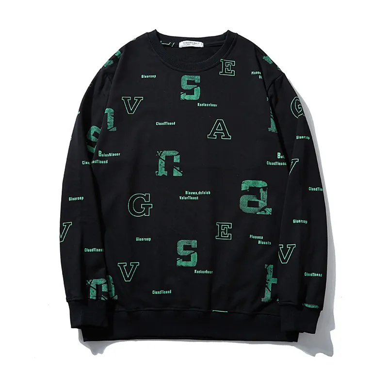 Men Fashion Oversized Sweatshirt Cotton Blend Green Letter Print Crewneck Long Sleeve Black Pullover Streetwear Casual Top