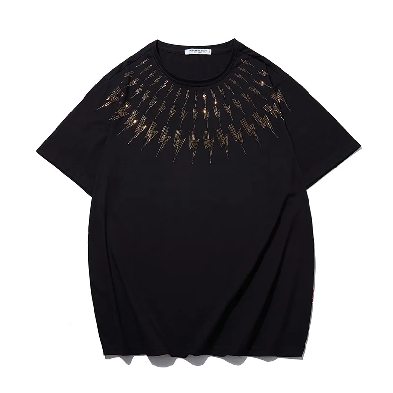 Men Plus Size Rhinestone Lightning Print Cotton T-Shirt Streetwear Casual Short Sleeve Summer Loose Top Black