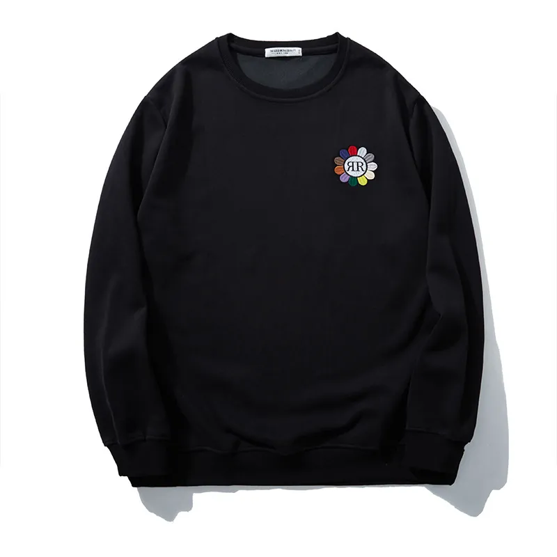 Plus Size Men Sweatshirt Cotton Polyester Blend Crew Neck Flower Embroidery Loose Long Sleeve Casual Black