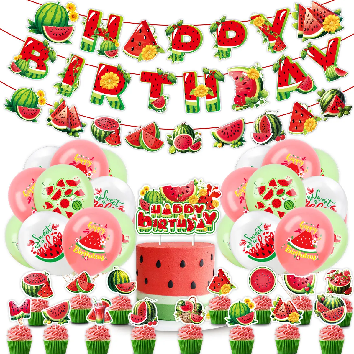 Watermelon Theme Birthday Party Decoration Including Latex Balloons Banners Cake Toppers For Summer Fruit Style Celebrations