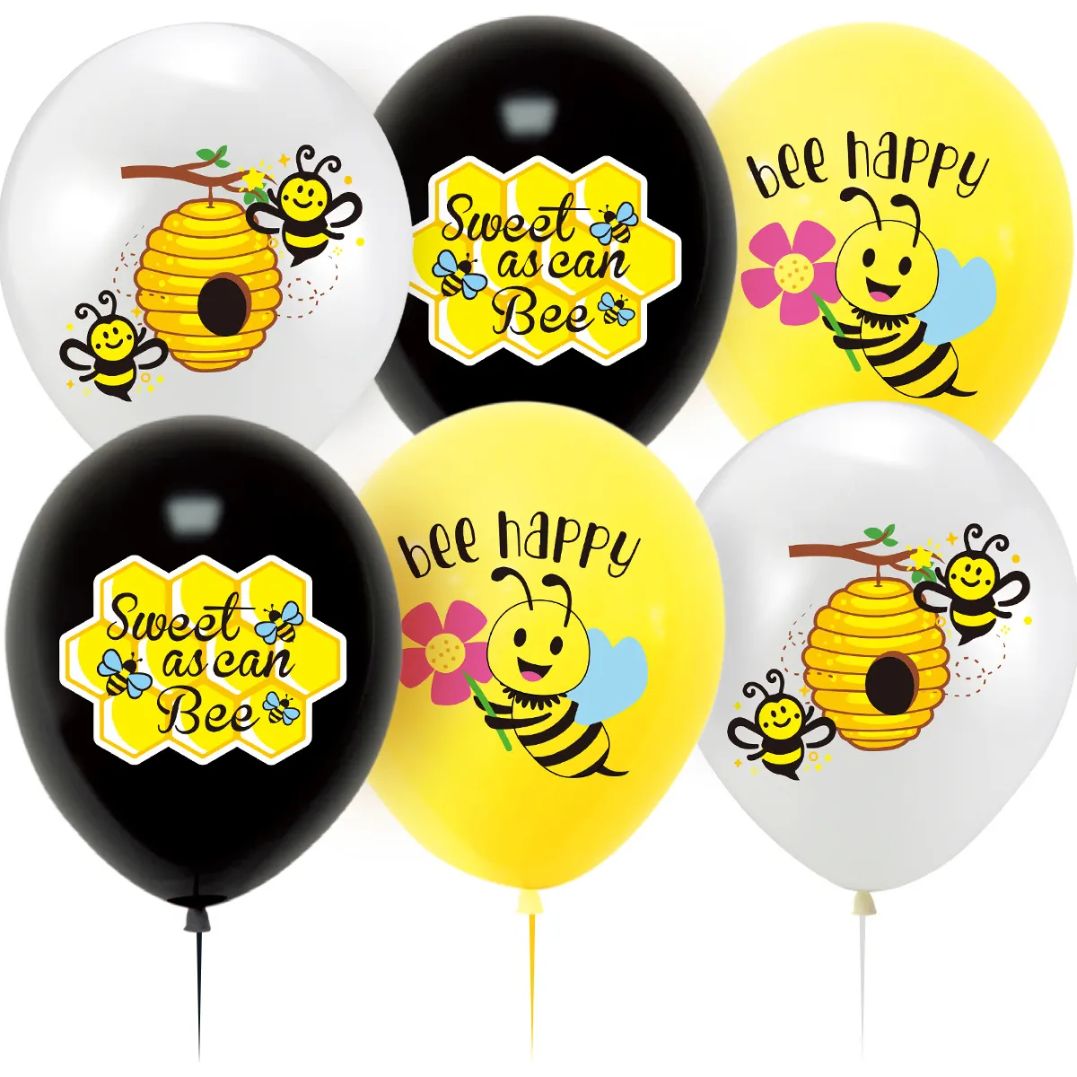 Bee Theme Birthday Party Decoration Latex Balloons Cartoon Bee Happy Printed Yellow Black White Celebration Balloons
