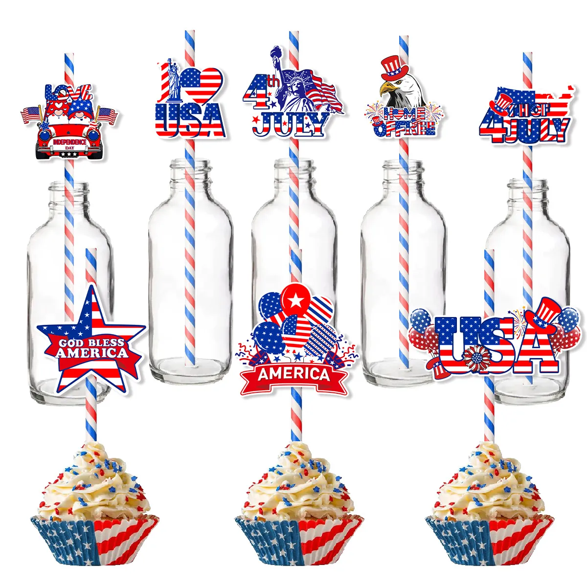 Independence Day 4th Of July Party Straw Decorations Set Patriotic Red White Blue Paper Inserts For Cupcakes Drinks