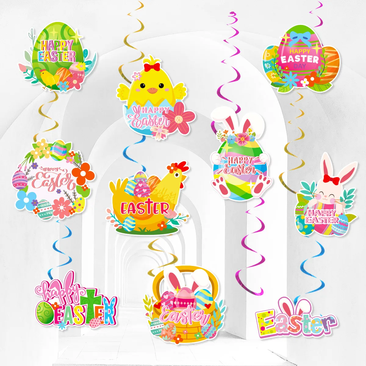 Easter Party Hanging Swirl Decorations Rabbit Chick Egg Pattern Paper Double Sided Card Spiral Garland For Holiday Home Decor