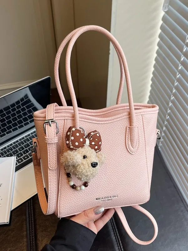 Women Vintage Litchi Pattern PU Leather Bucket Bag With Cute Plush Charm For Daily Commuting Crossbody Shoulder Bag