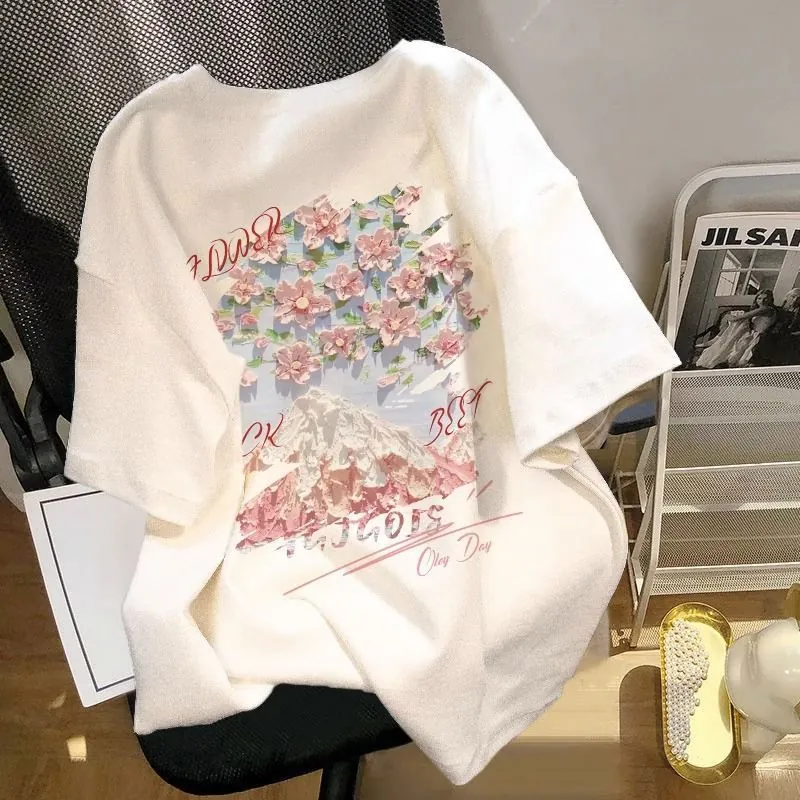 Women Casual Cotton T-Shirt Cherry Blossom Mountain Print Loose Round Neck Short Sleeve Tee Shirt Summer Streetwear Top
