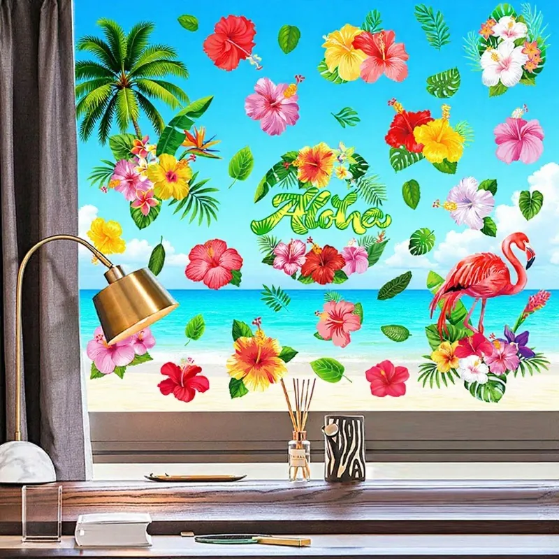 Summer Hawaii Static Window Clings Tropical Flamingo Hibiscus Palm Leaf PVC Stickers Reusable Double Sided Decor