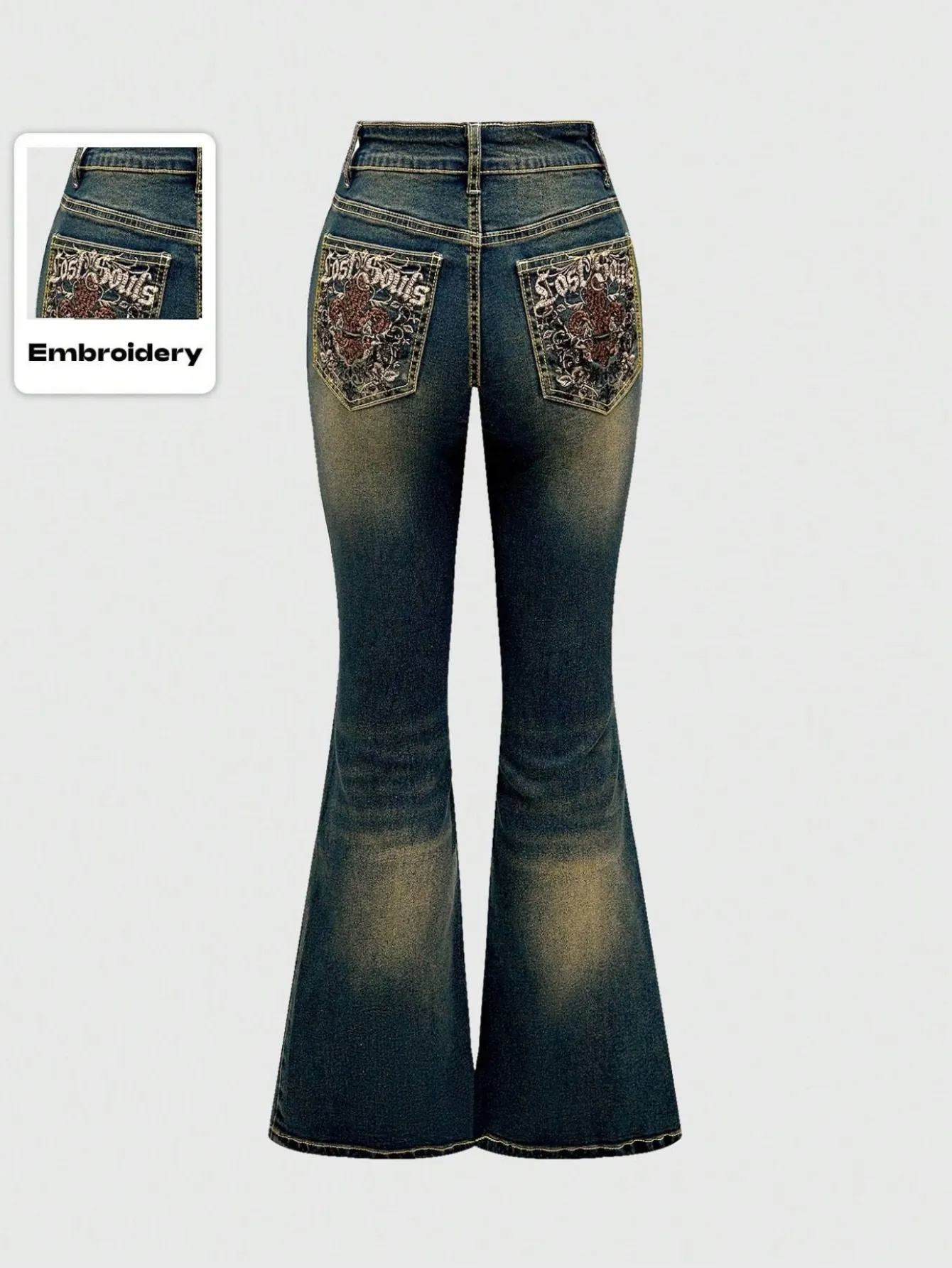 Women Retro High Waist Flare Jeans Embroidered Wash Denim Pants Streetwear Slim Fit Bootcut Jeans Blue Denim Bottom