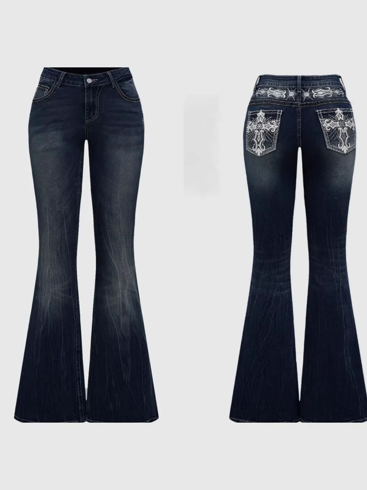 Women's Retro Y2K Cross Embroidery Flare Jeans Rhinestone High Waist Washed Denim Pants Gothic Slim Fit Bell Bottom Trousers