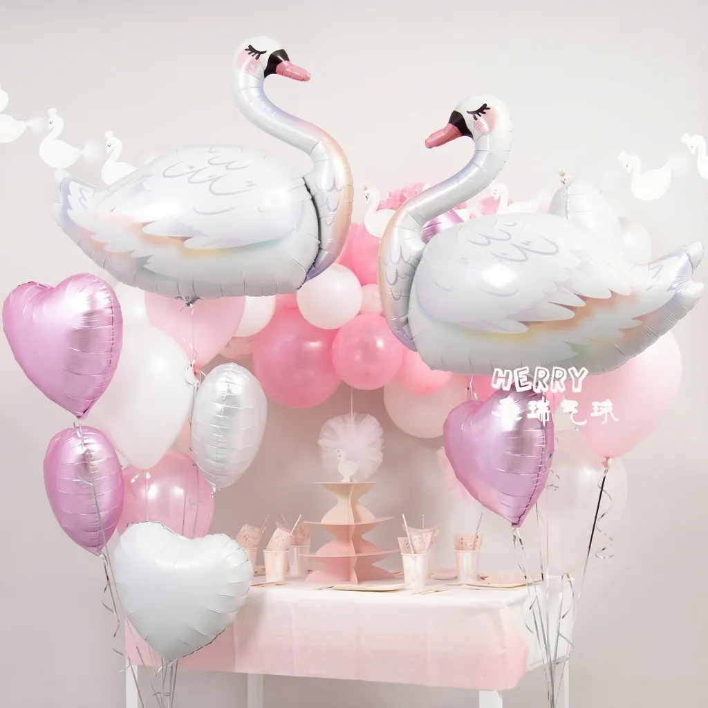 Grand Ballon en Aluminium Cygne Blanc Rose Métallique Forme d'Animal pour Décoration de Fête d'Anniversaire Mariage