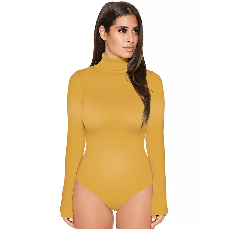 Combinaison Bodysuit Femme Décontractée Manches Longues Col Roulé Coupe Ajustée Couleur Unie Polyester Élasthanne Élastique