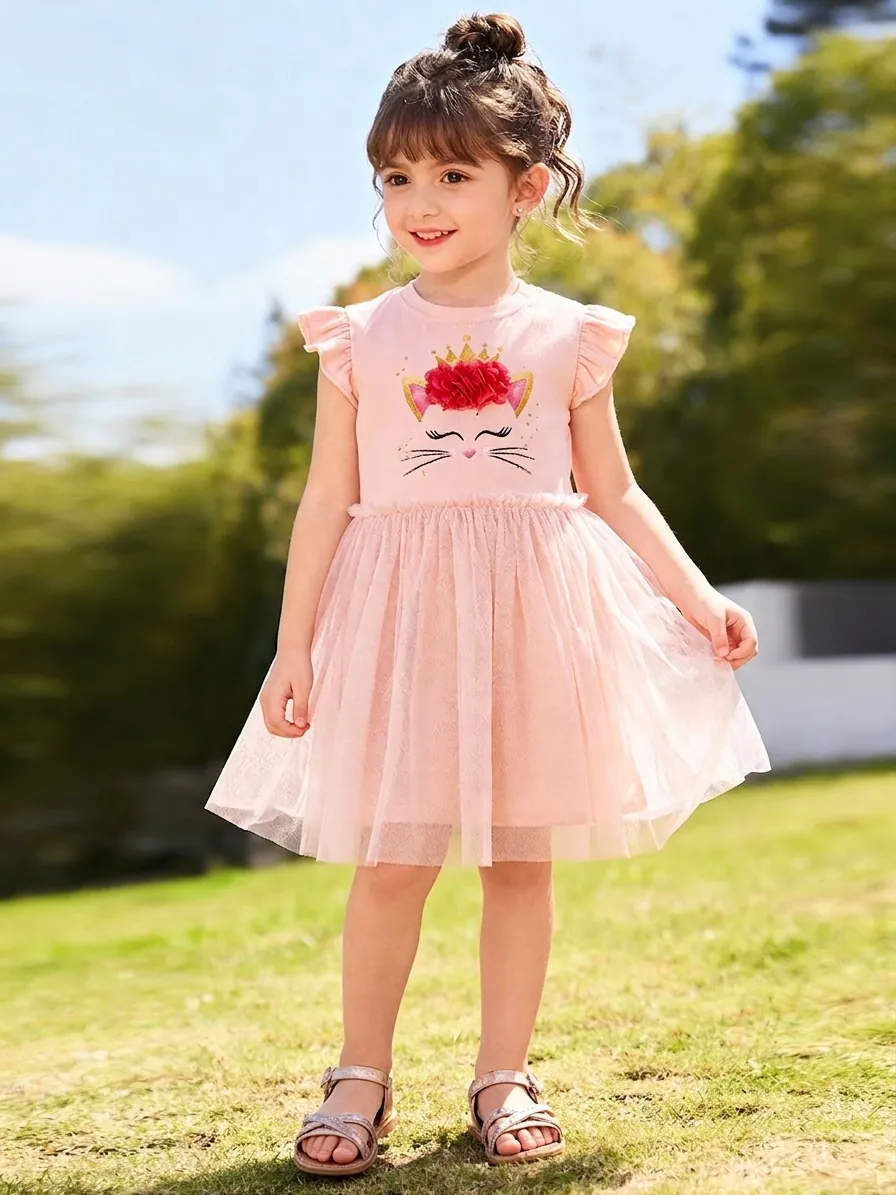 Robe de Princesse en Maille Rose pour Filles Coton Imprimé Chat Dessin Animé Manches Volantées Robe d'Été pour Enfants