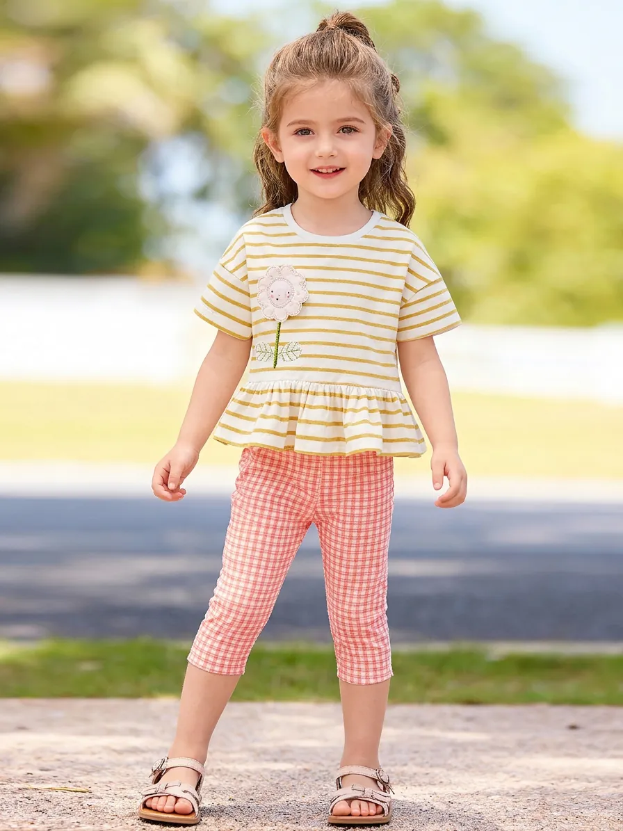 Little Maven Girls Summer Clothing Set Cotton Striped Short Sleeve Top With Flower Applique And Checkered Pants Two Piece Outfit