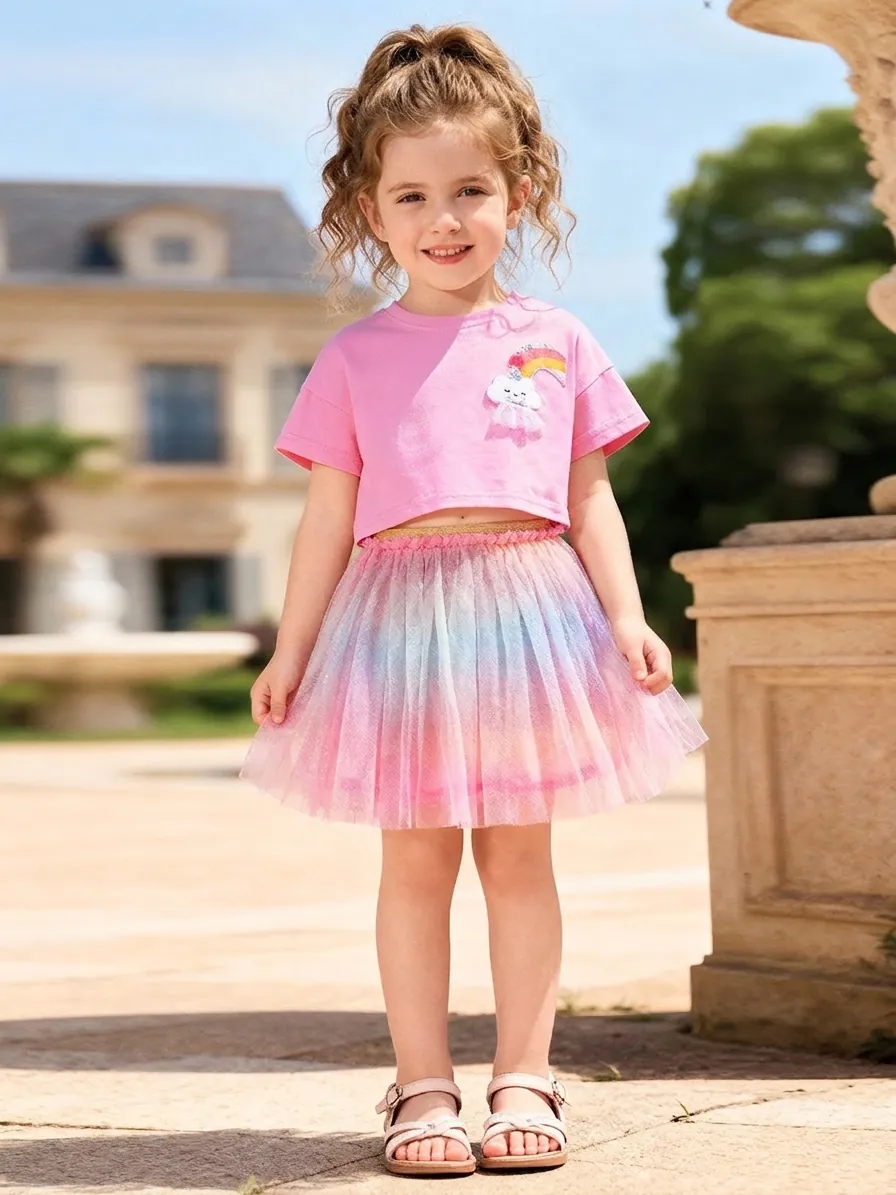 Mädchen Sommer Bekleidungsset Rosa Baumwolle T-Shirt Und Regenbogen Netz Tutu Rock Süßes Cartoon Applikation Outfit Für Kinder
