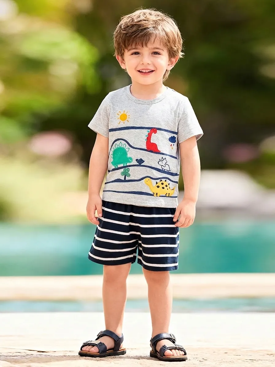Little Maven Jungen Sommer Outfit Cartoon Dinosaurier Druck Baumwolle Grau T-Shirt Und Marineblau Gestreifte Shorts Kleinkind Kleidung