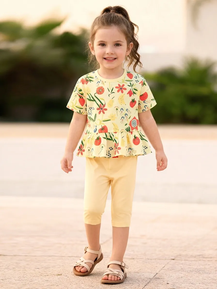 Little Maven Girls Summer Set Floral Fruit Print Ruffle Short Sleeve Cotton Top And Shorts 2 Piece Toddler Clothing