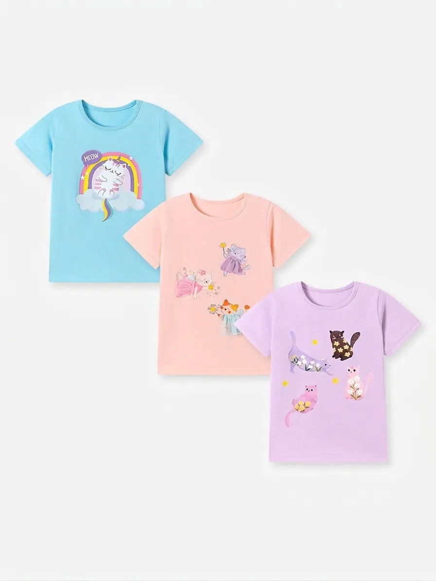 T-shirt en Coton pour Filles Chat de Dessin Animé Manches Courtes Col Rond Avec Détail en Tulle 3D Top d'Été Respirant