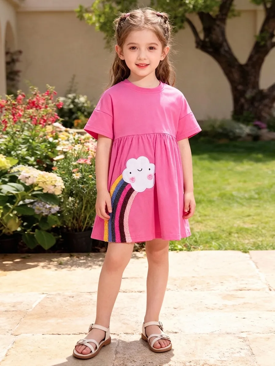 Robe à Manches Courtes en Coton pour Filles Rose Robe de Princesse d'Été Avec Appliqué en Chenille Arc-en-ciel Nuage Enfants