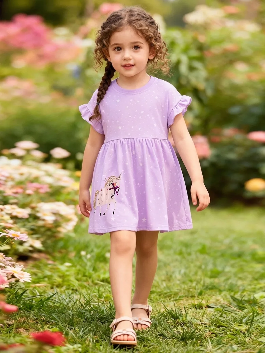 Mädchen Kurzarm Baumwollkleid Hellviolett Einhorn Stern Muster Rüschenärmel Lässig Prinzessin Kleid Für Kleinkinder Kinder