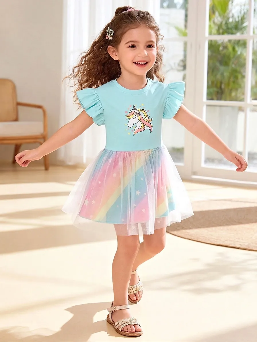 Girls Short Sleeve Unicorn Rainbow Tutu Dress Casual Summer Mesh Princess Dress For Toddler Kids Cotton Gradient Dress