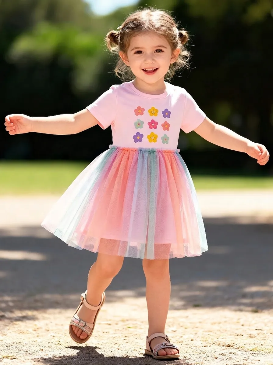 Girls Summer Cotton Rainbow Mesh Tutu Dress Floral Print Short Sleeve Princess Party Dress For Toddler Kids