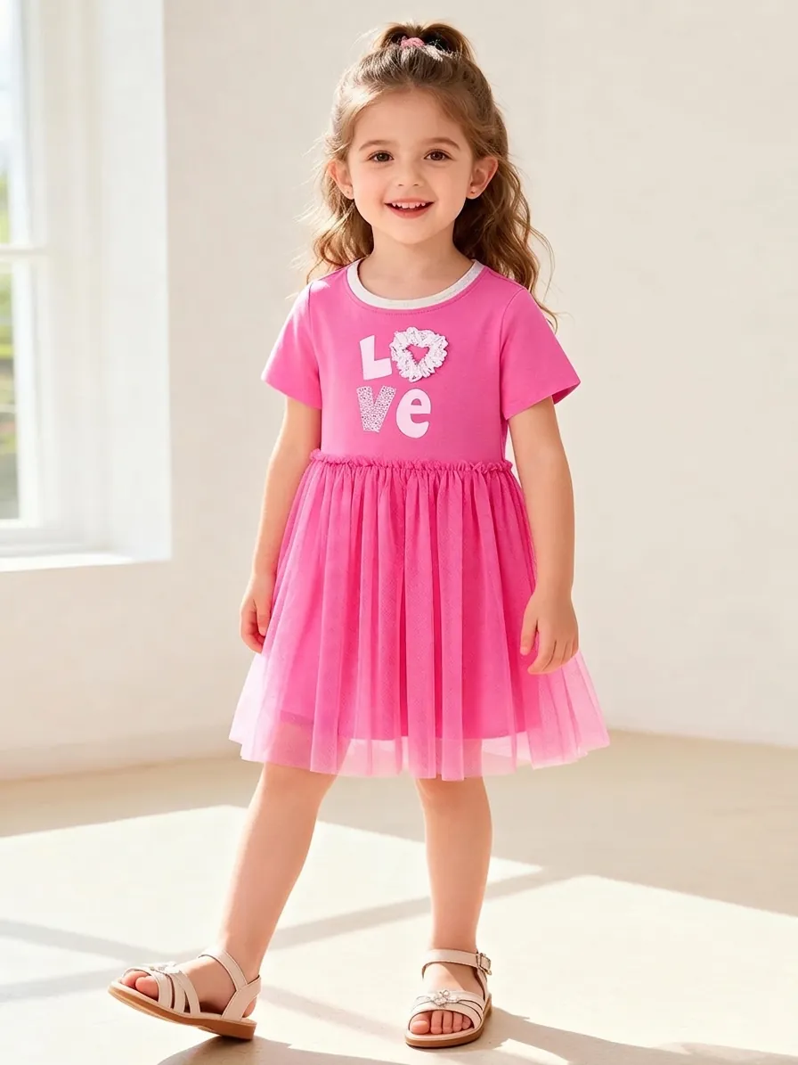 Robe Rose d'Été pour Filles Haut en Coton Manches Courtes Jupe en Maille Imprimé Coeur Robe de Princesse Enfants 2-7 Ans