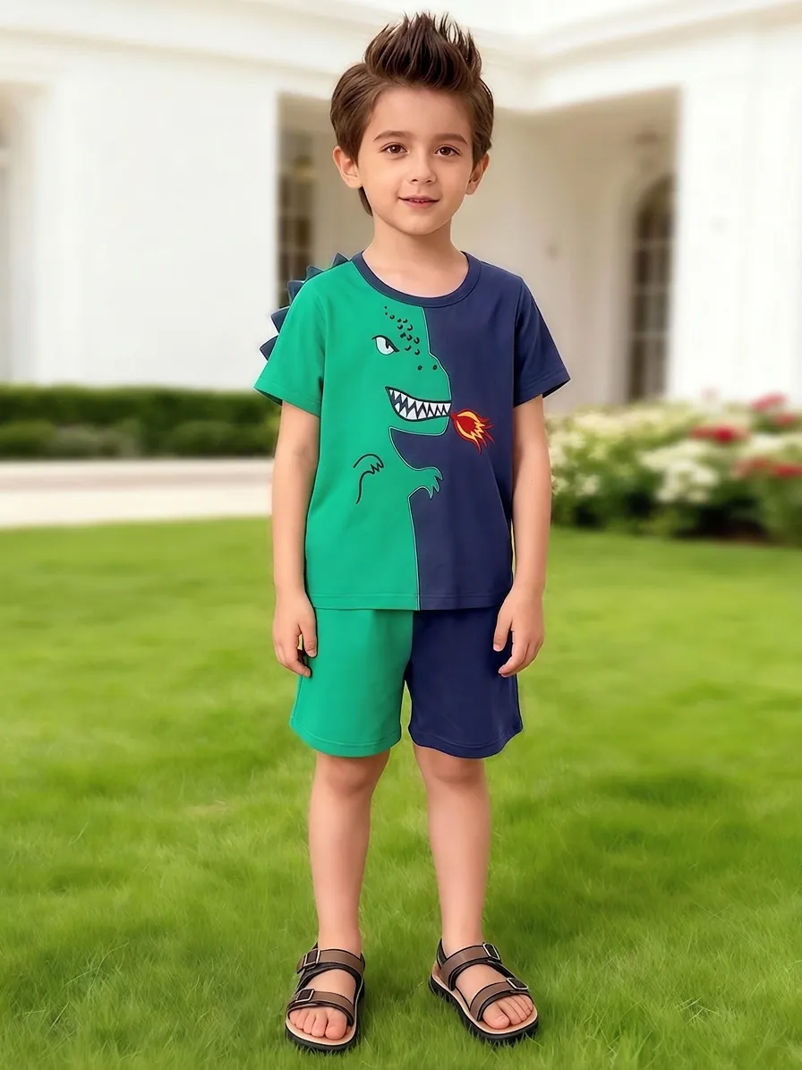 Boys Summer Cotton Clothing Set Fire Breathing Dinosaur Print Contrast Color Short Sleeve T-Shirt And Shorts Toddler Outfit