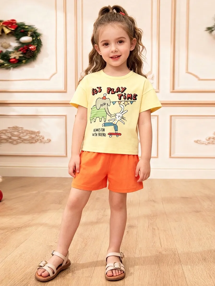 Ensemble de T-Shirt et Short en Coton d'été pour Petites Filles Imprimé Éléphant Lapin Cartoon Tenue Décontractée Deux Pièces