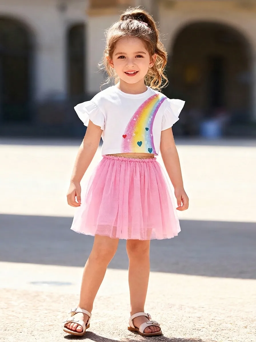Ensemble d'Été pour Petite Fille T-Shirt en Coton Arc-en-Ciel à Volants et Jupe Tutu en Mesh Ensemble 2 Pièces Vêtements pour Enfants