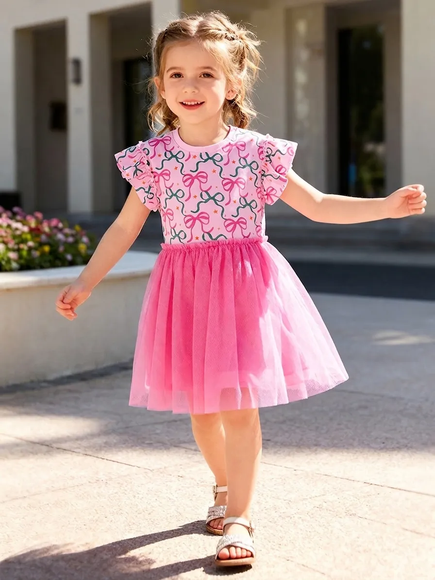 Robe d'été en Coton et Tulle pour Filles Manches Courtes Imprimé Nœud Étoile Volants Robe de Princesse Décontractée