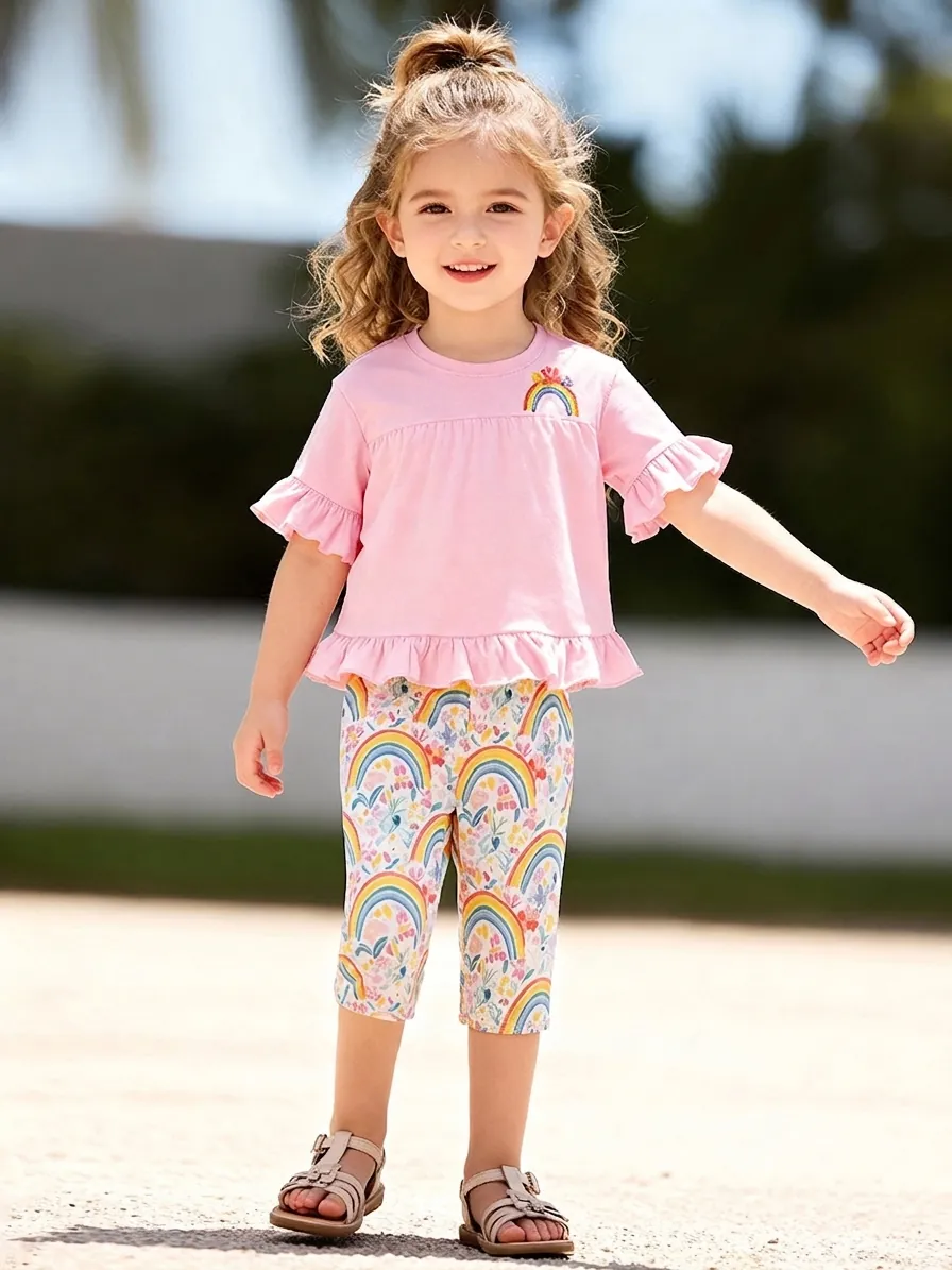 Little Maven Girls Summer Two Piece Set Pink Ruffle Short Sleeve Top With Rainbow Embroidery And Floral Print Pants Kids Clothes