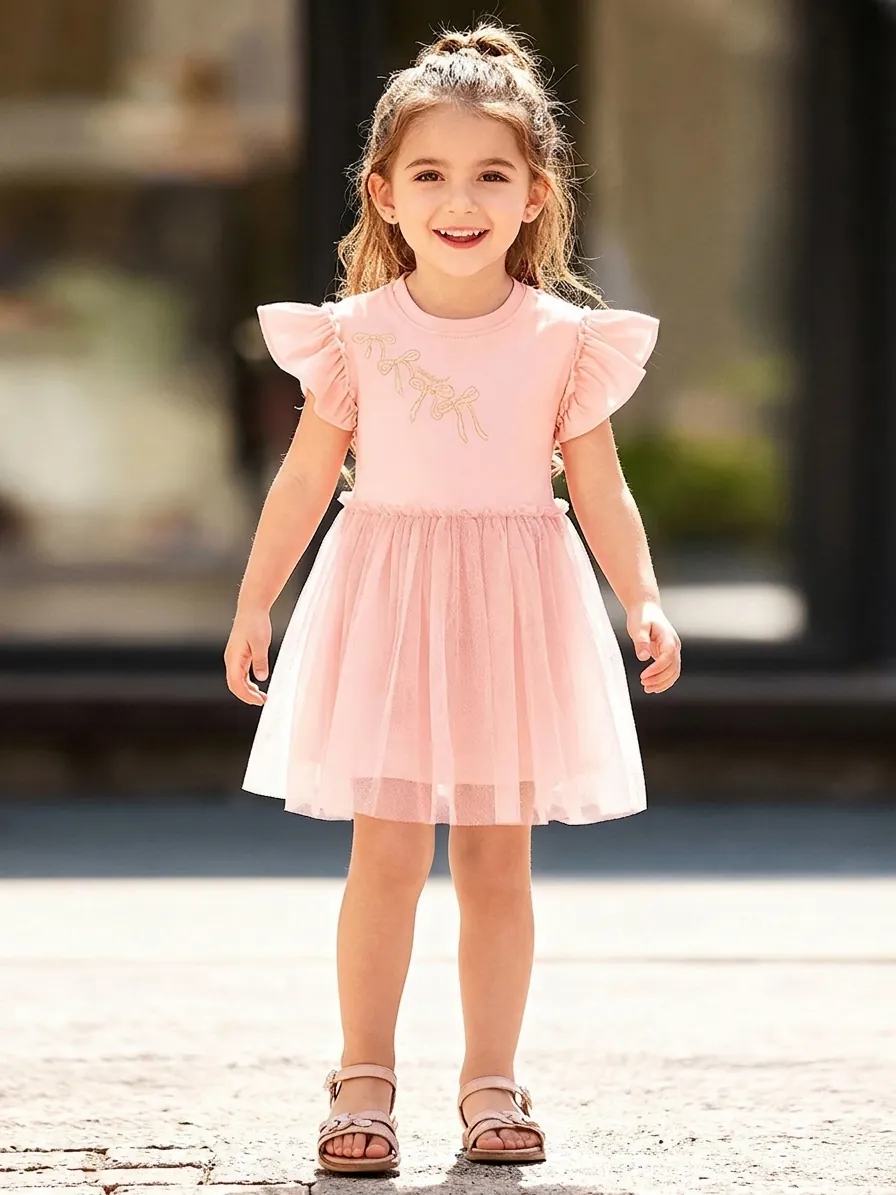 Toddler Girls Summer Pink Cotton Mesh Tutu Dress Ruffle Sleeve Butterfly Embroidery Little Girl Sweet Princess Dress