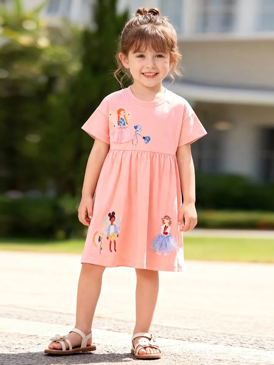 Robe en Coton Rose pour Petites Filles Imprimé Fée Dessin Animé Patchwork Tulle 3D Été Manches Courtes Décontractée