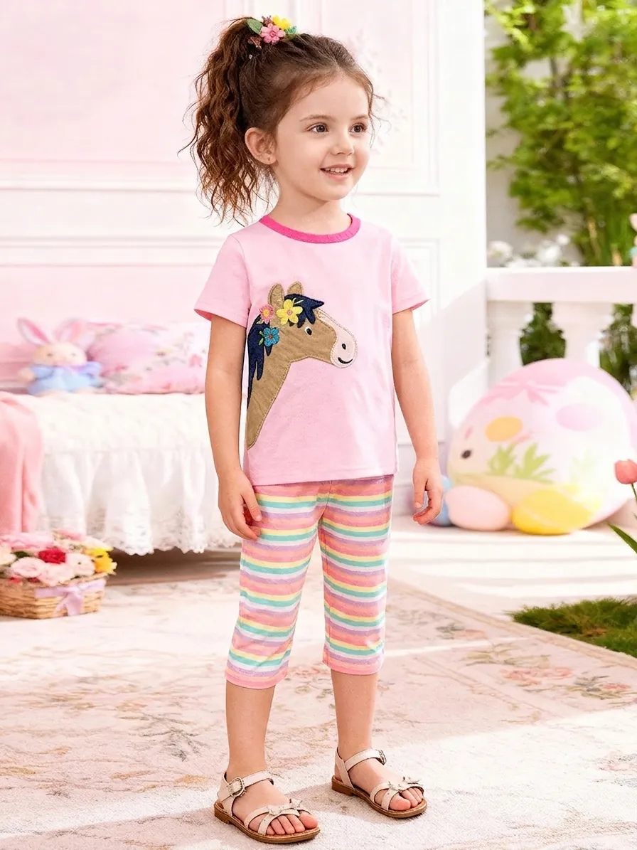 Kids Girl Summer Cotton Top And Pants Pink T-Shirt Horse Appliqué Rainbow Striped Shorts Casual Clothing