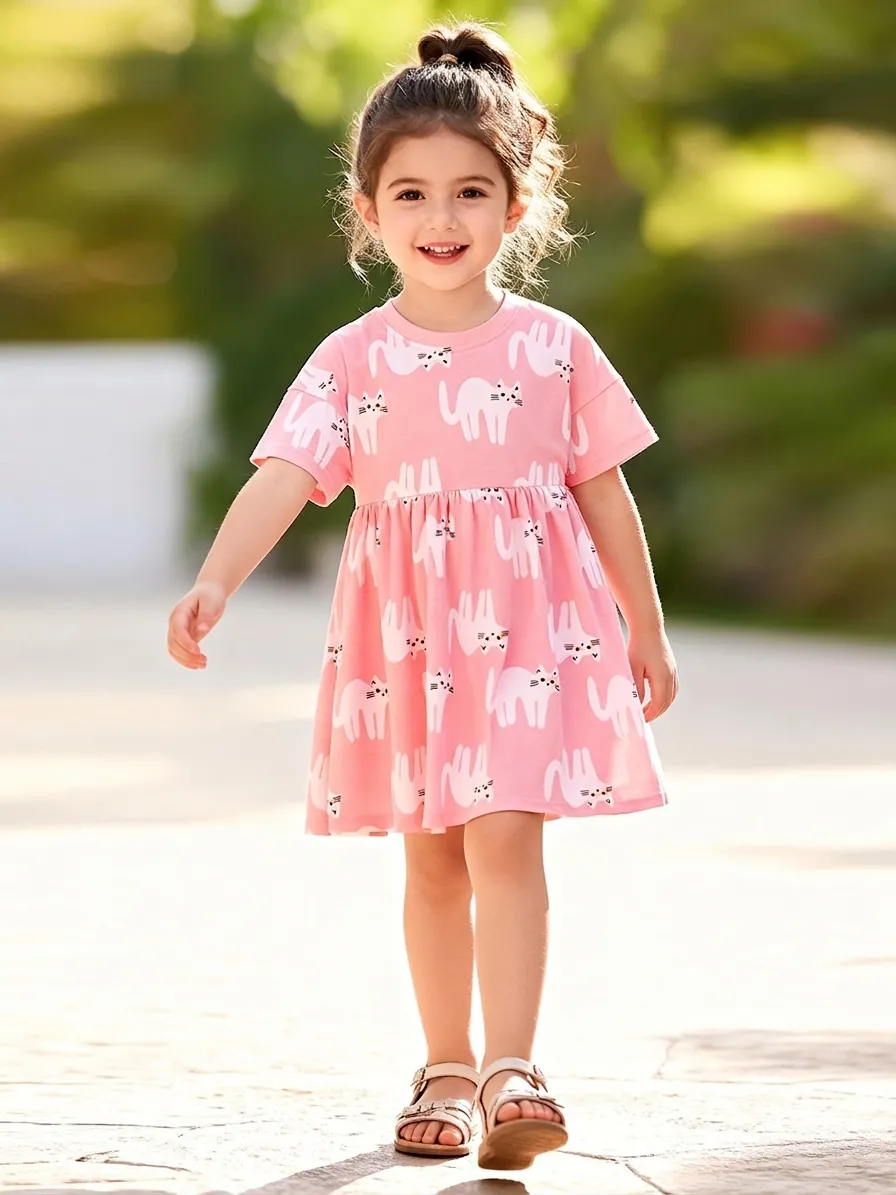 Robe d'Été Filles Little Maven 100% Coton Manches Courtes Imprimé Chat Mignon Rose Respirant Jupe Enfant