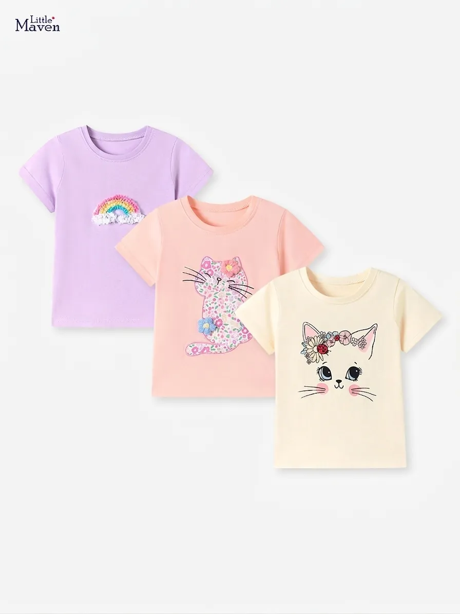 Little Maven Girls Cotton Short Sleeve T-Shirt Cute Cartoon Cat Rainbow Applique Summer Breathable Kids Top Tee
