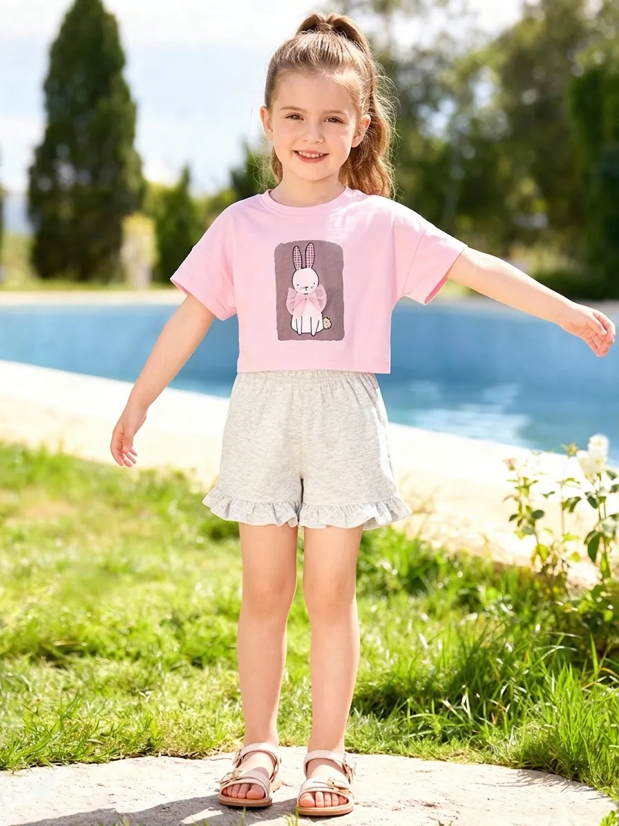 Little Maven Girls 100% Cotton Set Pink Bunny Print Short Sleeve T-Shirt And Grey Ruffle Shorts 2 Piece Summer Outfit