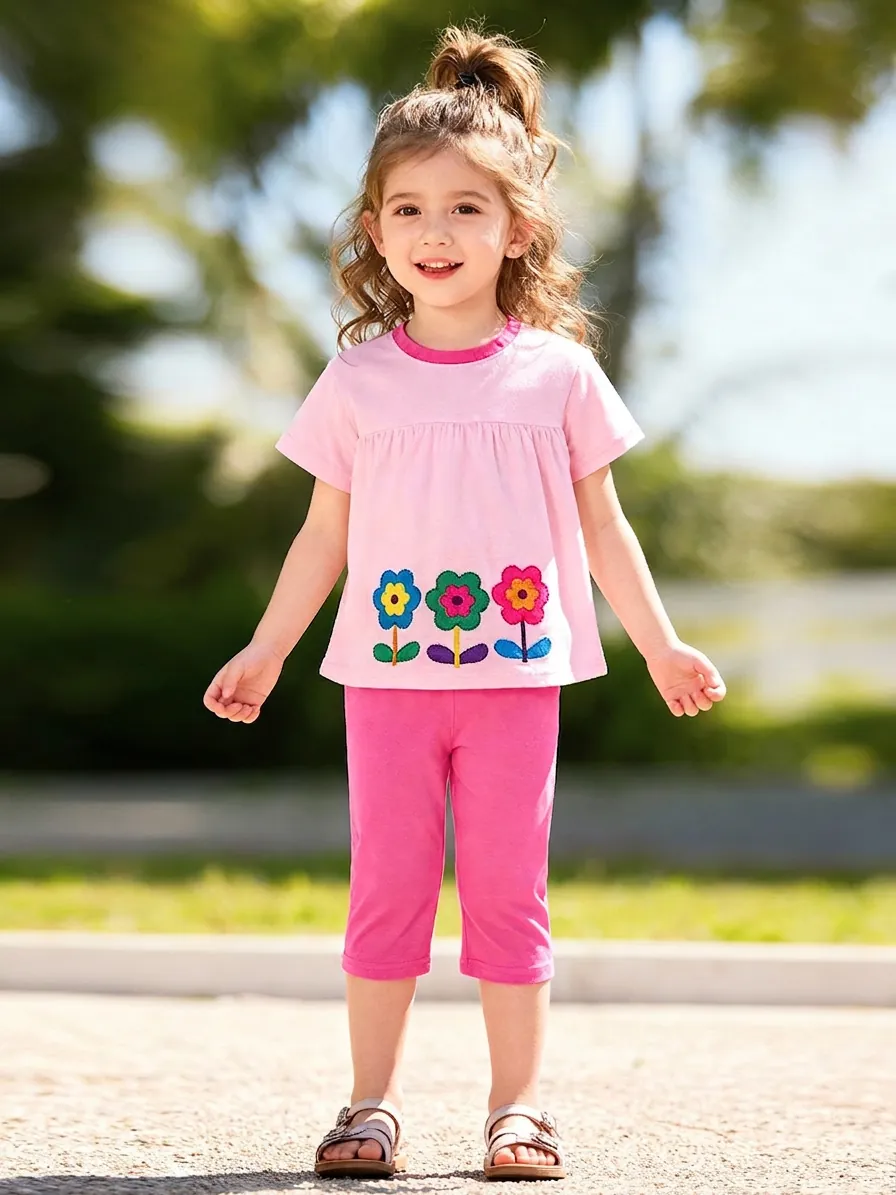 Conjunto de Verano para Niñas de Algodón con Top de Manga Corta Bordado de Flores y Pantalones Cortos Ropa Casual Infantil