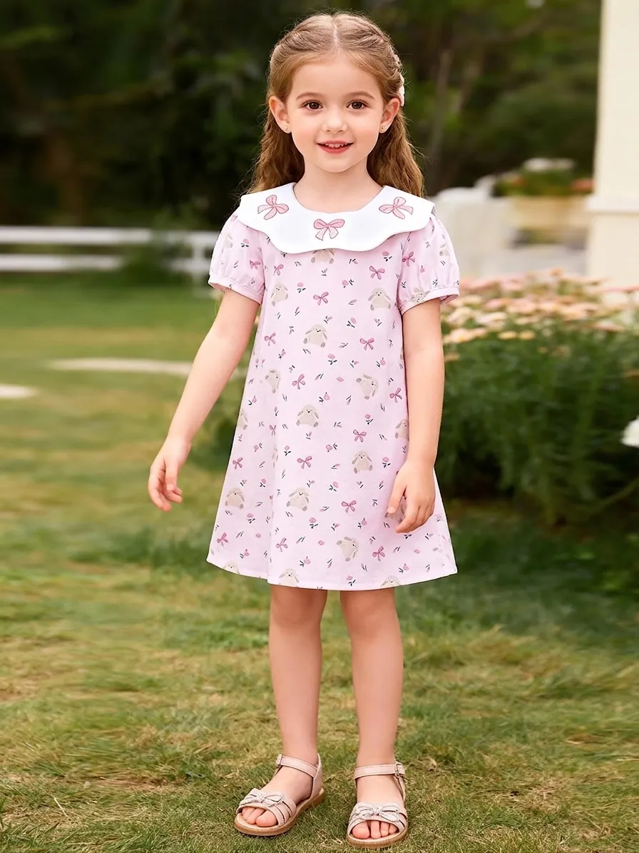 Girls Sweet Pink Cotton Dress Rabbit Floral Print Short Sleeve Peter Pan Collar Bow Embroidery Toddler Summer Princess Skirt