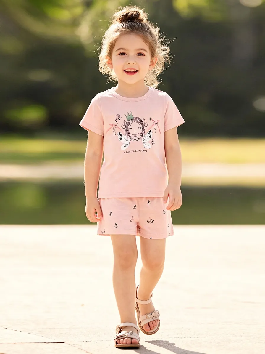 Ensemble d'Été en Coton pour Filles Avec T-Shirt à Manches Courtes et Short Imprimé Fille de Dessin Animé Nœud 3D Deux Pièces