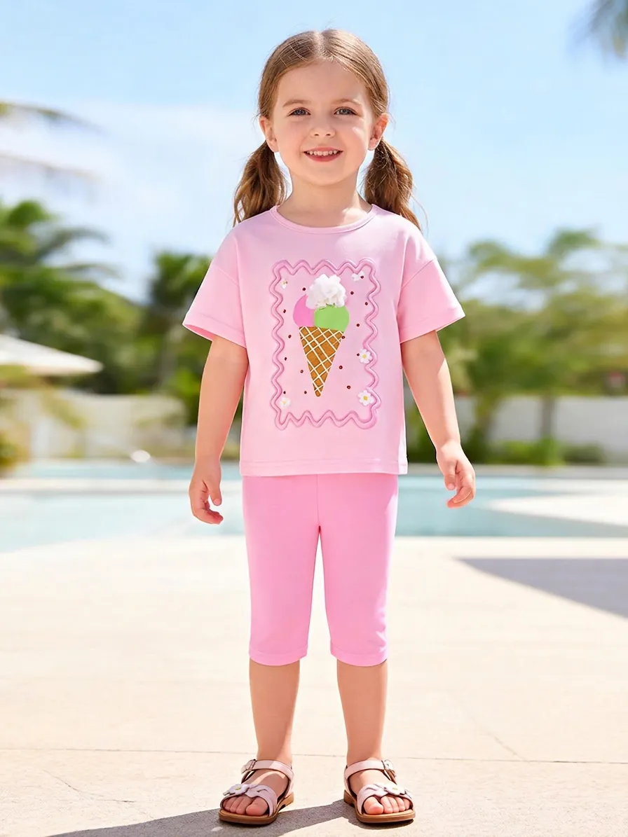 T-Shirt Et Short En Coton D'Été Pour Filles Mignon Glace Décor Fleur 3D Haut À Manches Courtes Pantalon Pull Enfant